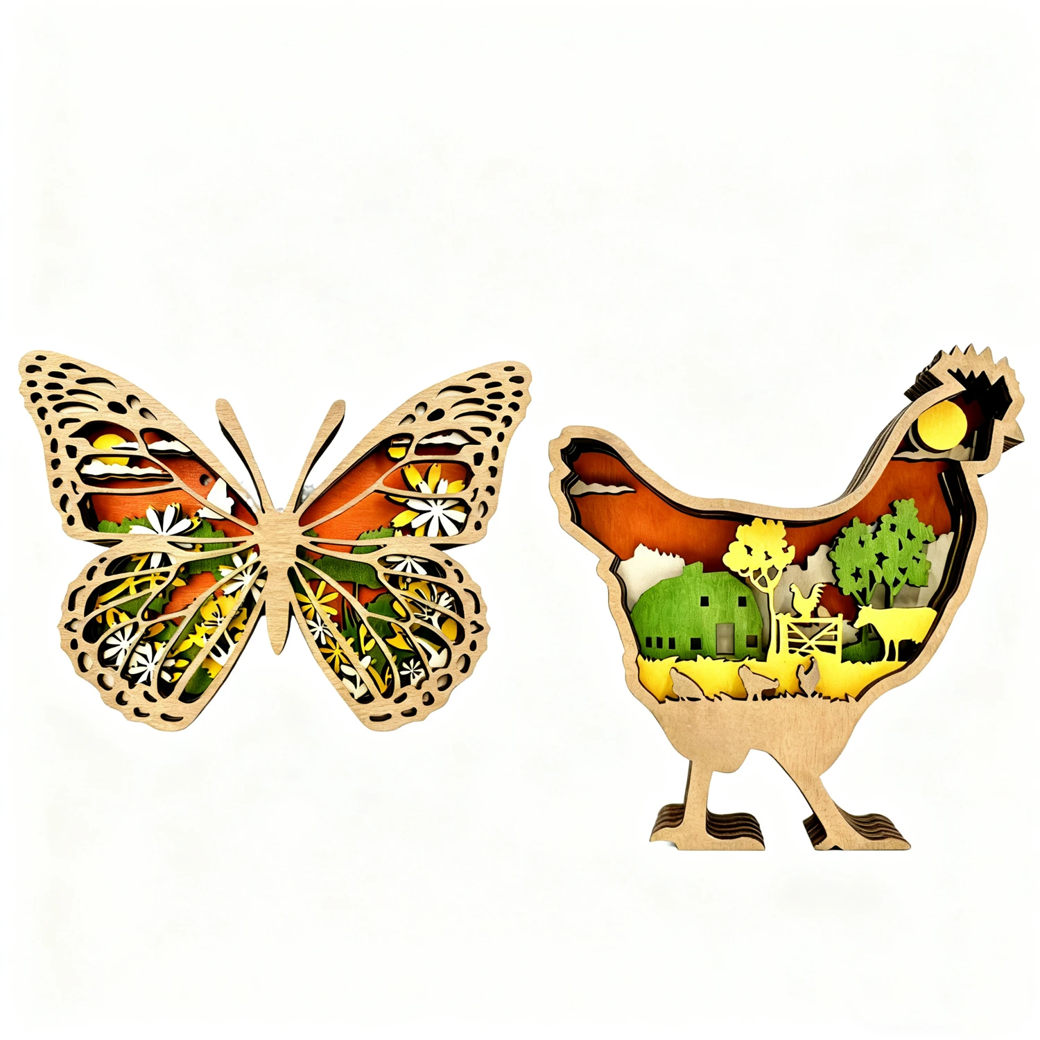 Escultura de madera recortada de mariposa y pollo 3D delicada, variante de iluminación, adorno de acento moderno impresionante para el hogar y la sala de estar
