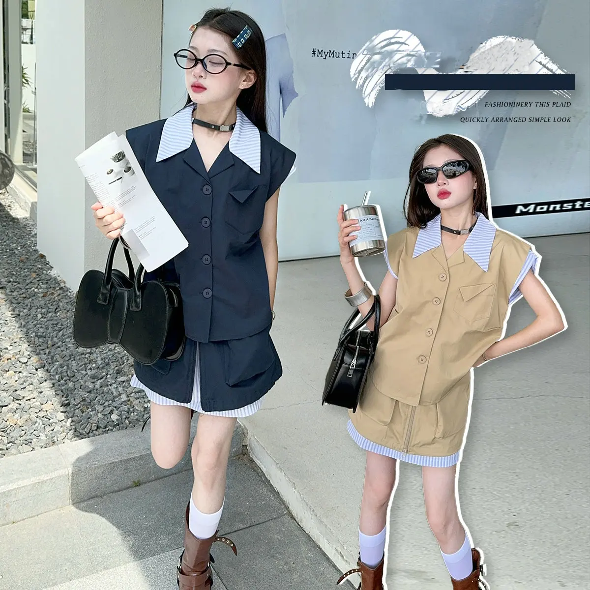 

10 12 14 junior girls skirt set Stripe splicing lapel suit vest shirt high waisted skirt 2pcs teenager kid suit children outfits