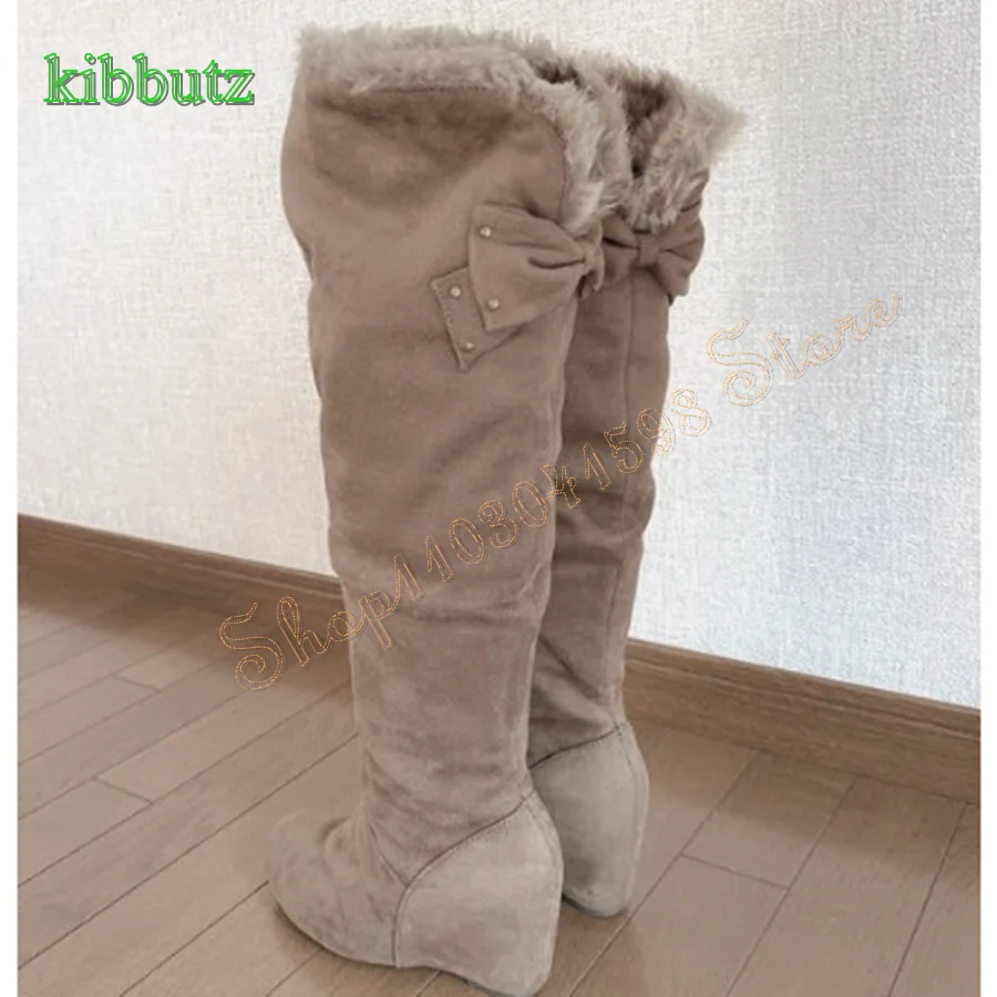 Round Toe Wedge High Heel Boots,Suede Bow High Heel Boots Warm Furry Boots for Women Party Plus Size2024 New Zapatos Para Mujere