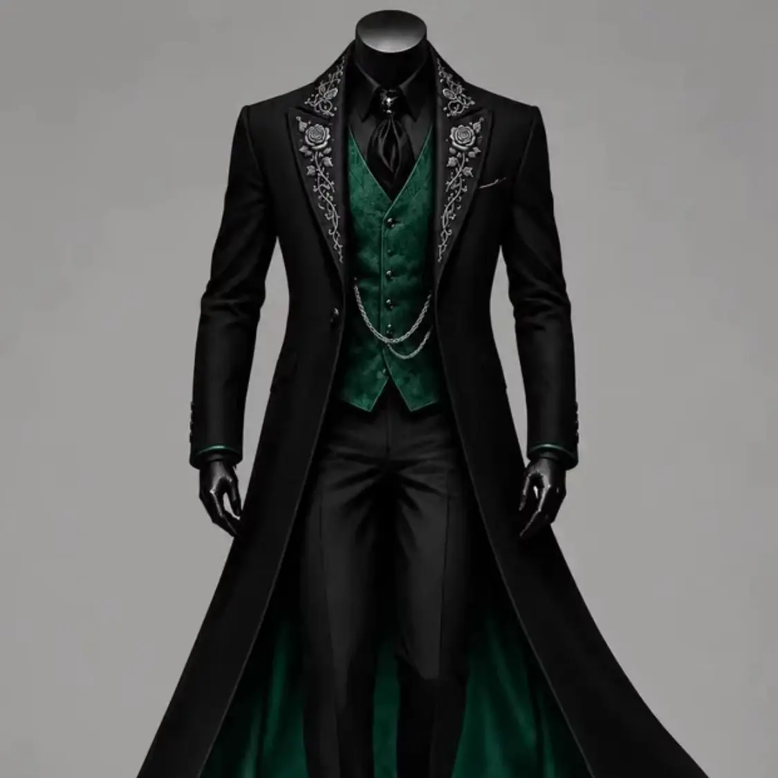 Men 3 Pcs Gothic Long Tail Coat Suit Black Jacket Silver Embroidery Lapel Vest Pants Formal Banquet Wedding Cosplay Customized