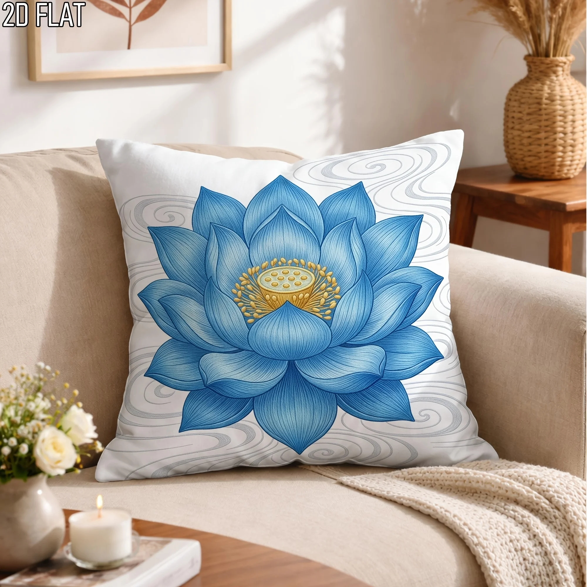 Blue Lotus Flower Throw Pillow Cover Zen Wave Print Cushion Case for Boho Yoga Spa Meditation Home Decor