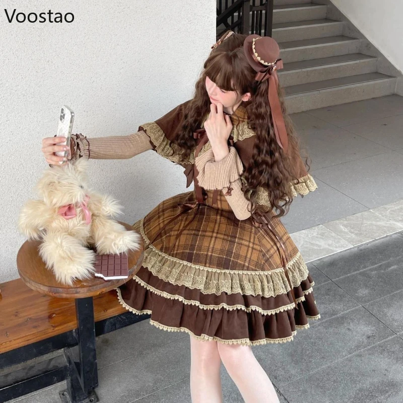 اليابانية لطيف لوليتا نمط 3 قطعة مجموعة المرأة الحلو مقوس دانتيل بيتر بان طوق عباءة علوية منقوشة فستان قصير الكورية Harajuku Y2k البدلة