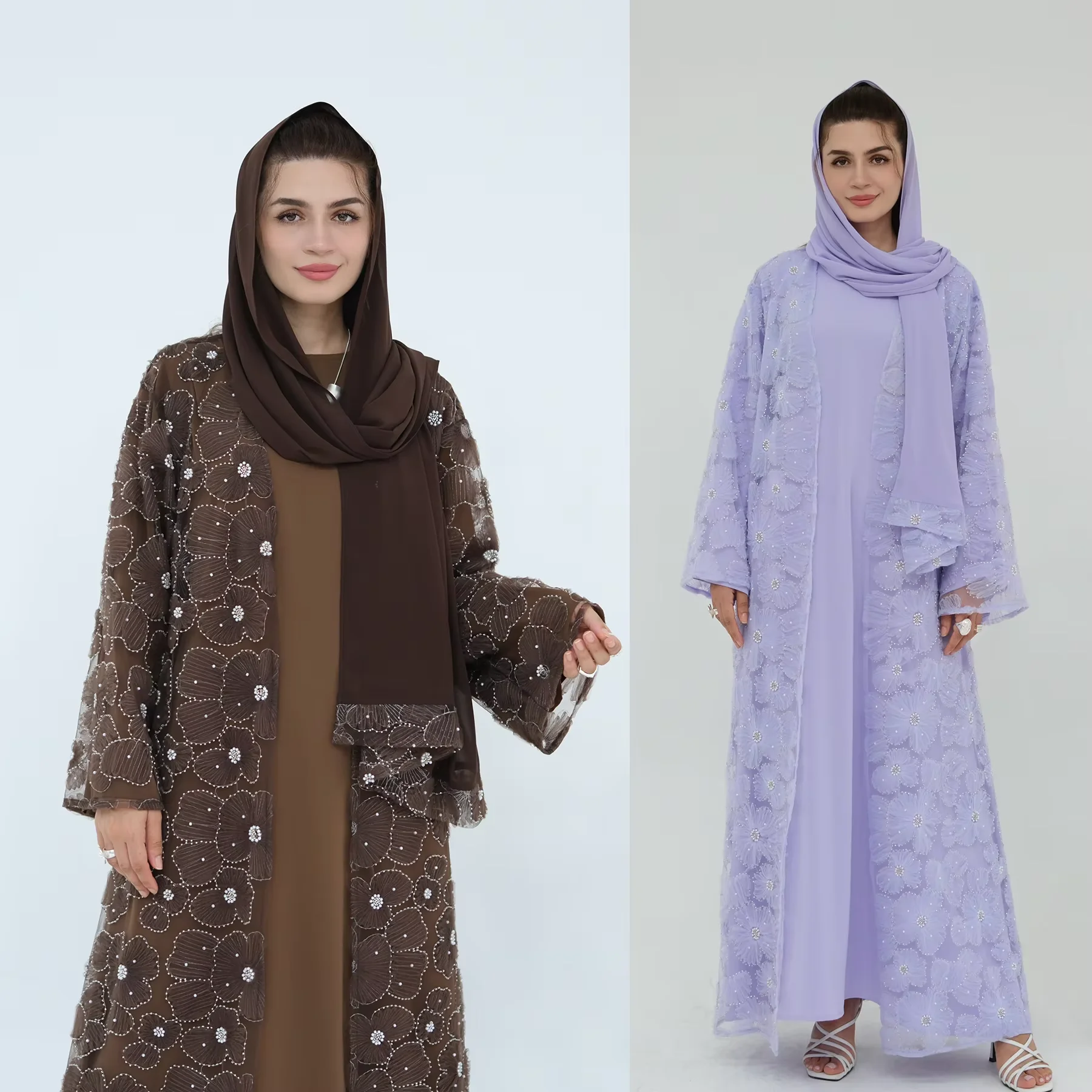 

Islam Clothing Luxury Lace Pearl Beaded Open Abaya Women Muslim Dress 3PCS Abayas Sets Kimono Cardigan Kebaya Jalabiya Kaftan