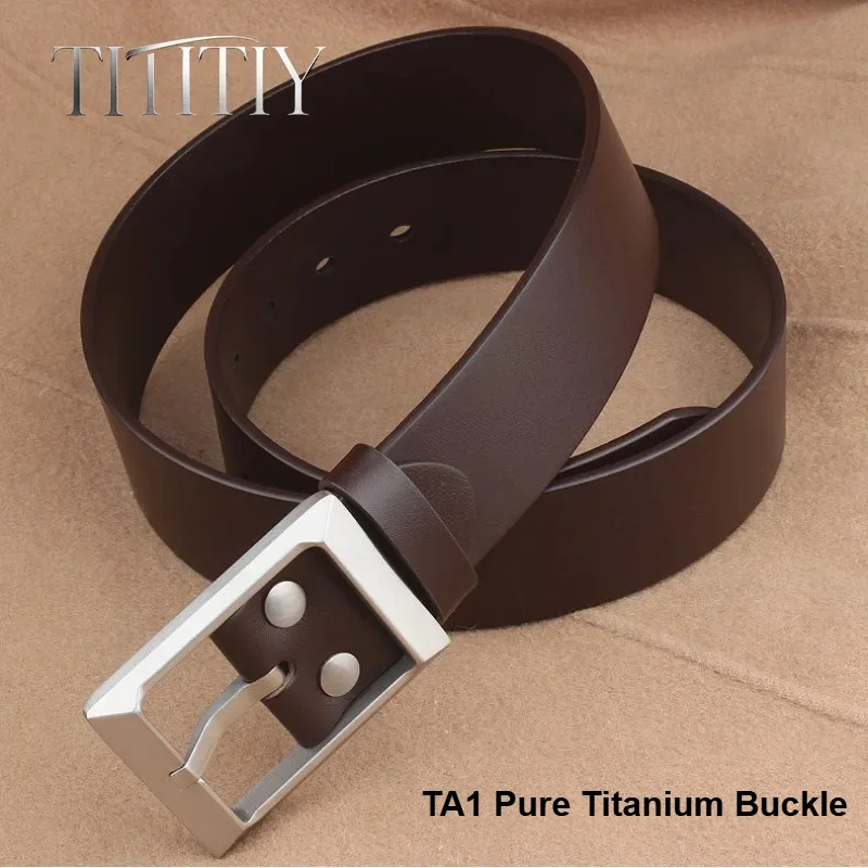 Pure Titanium Pin Buckle Leather Belt Men, Minimalist Single Prong Frame Buckle, Top-Grain Cowhide Casual Waist Strap 38mm Width