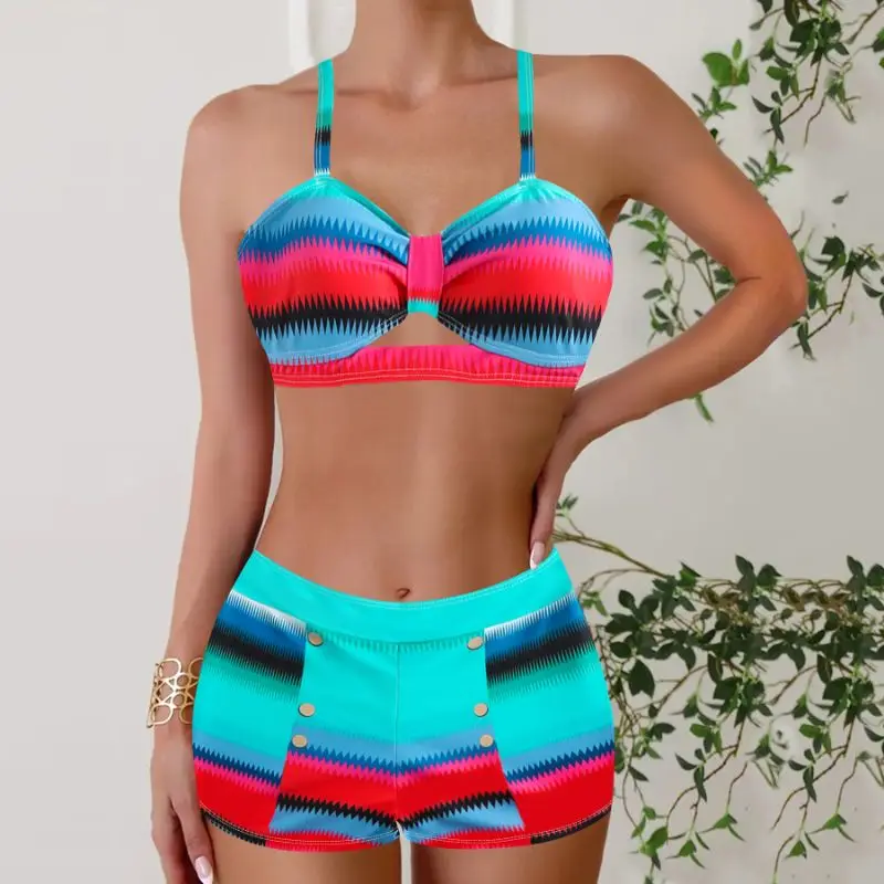 Cikini été plage rayé imprimé froncé Bikini ensemble maillot de bain sexy maillot de bain pour les femmes