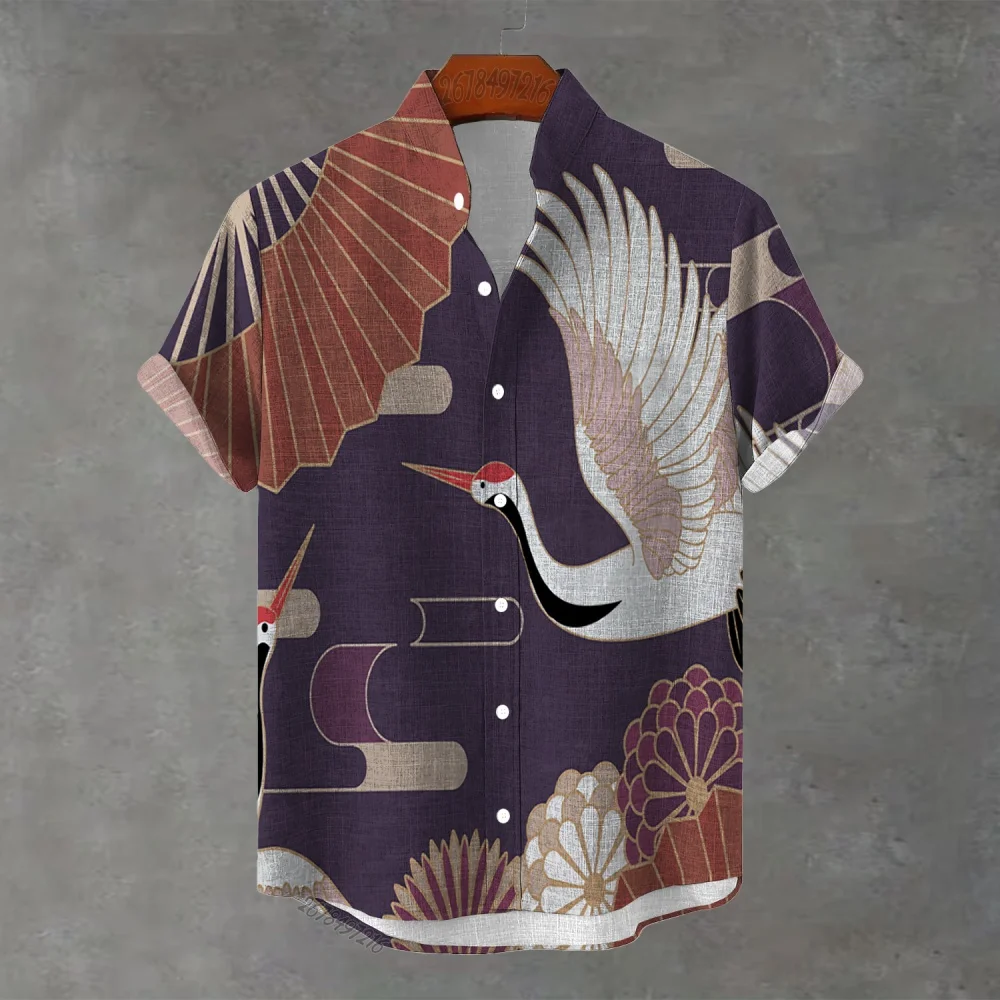 New Chinese style retro national trend men's stand collar short-sleeved shirt crane and auspicious cloud printed casual shirt