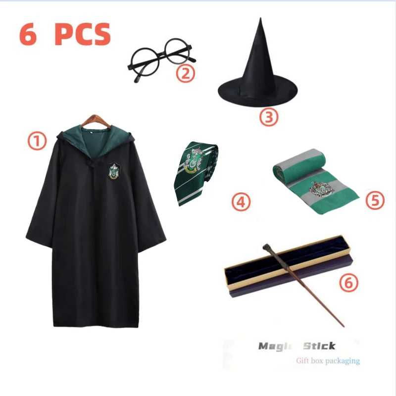 6PCS Harris Cloak Magic School Adult Cosplay Costume Men's Women's Wizardry Clothing Cape Scarf Tie Glasses Hat