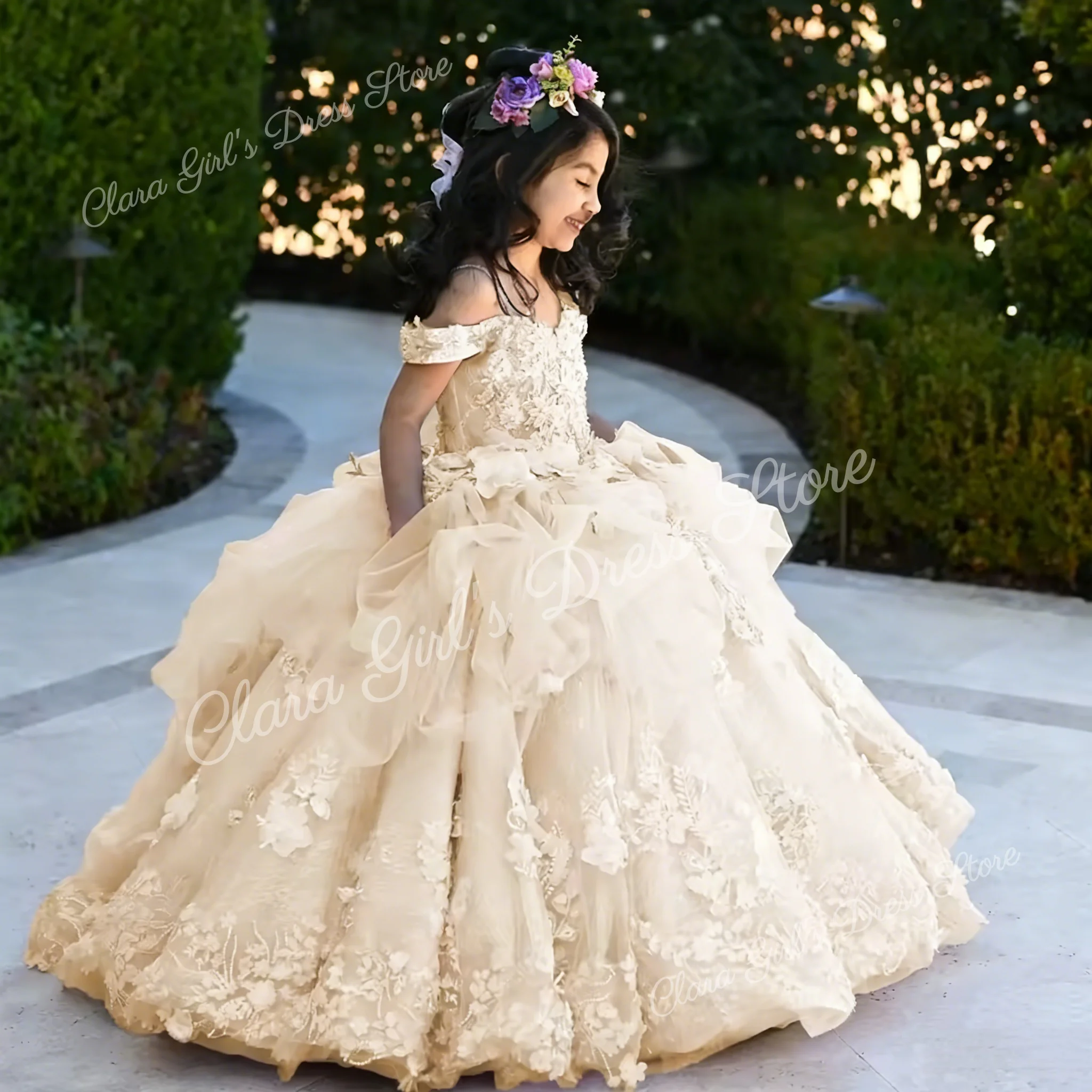 Vestidos de flores de lavanda para niña, para boda, apliques de encaje Floral 3D, fiesta de cumpleaños para niños, vestidos de primera comunión