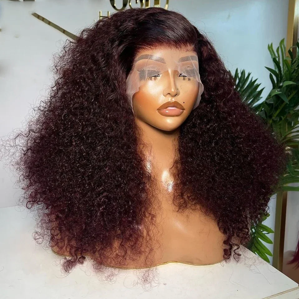 

Burgundy Soft 26Inch Long Kinky Curly 99j Glueless 180% Density Deep Lace Frontal Wig For Black Women Babyhair Preplucked Daily