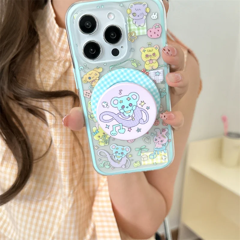 Kawaii Cartoon Animal Magnetic Phone Case dla iPhone 16 Pro 15 14 13 Pro Max Cover z Magsafe Stand Grip Tok Shockproof Cases