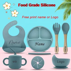 6Pcs Baby Silicone Feeding Set Personalized Names Kids Tableware Children's Dishes Set Sucker Bowl Maternal and Infant Supplies