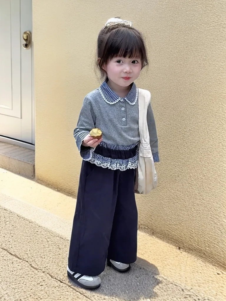 بدلة بناتي على الطراز الكوري الجميل للفتيات بياقة منقوشة من الدانتيل بدلة محبوكة واسعة الأرجل عصرية ومريحة 80-150 سم