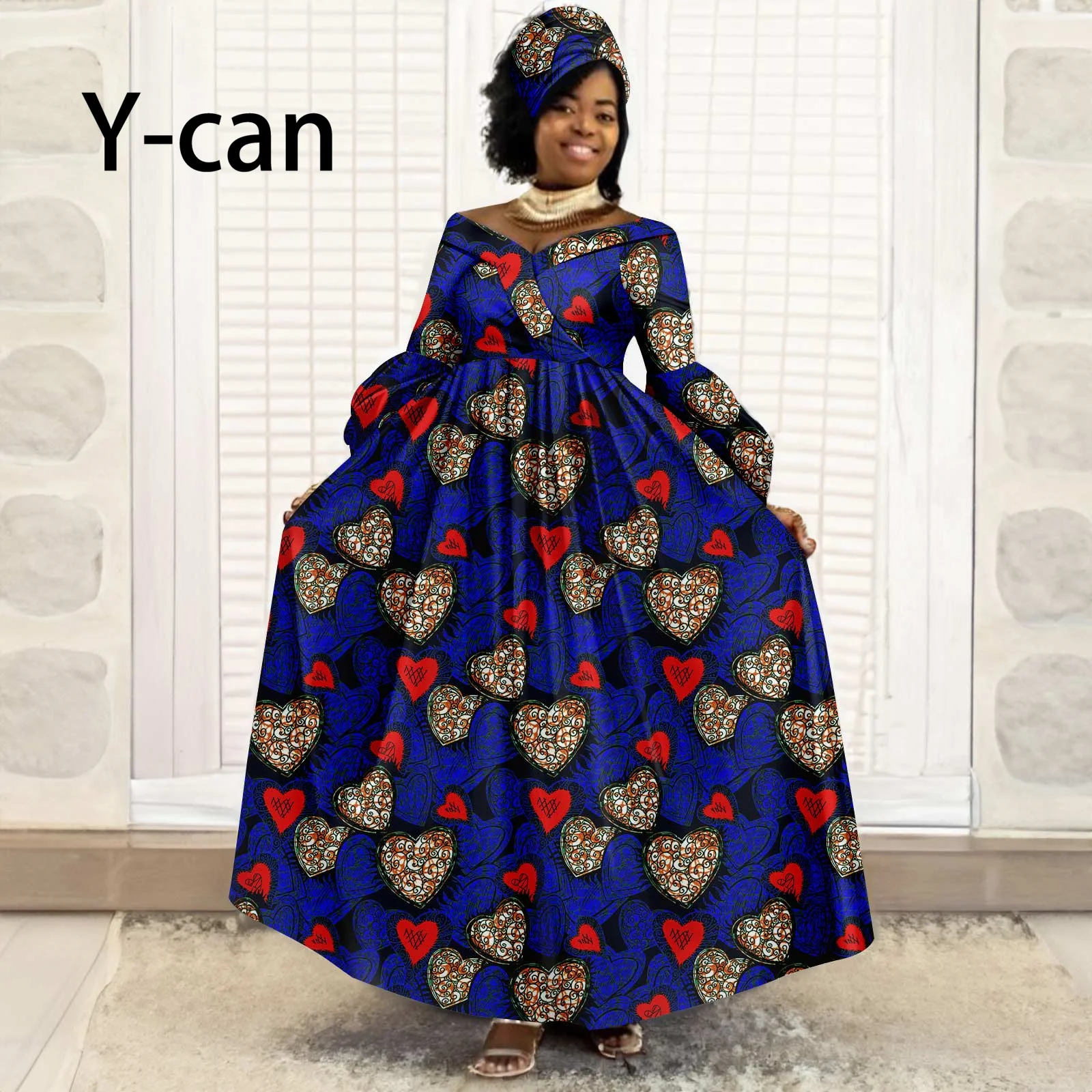 

African Print Dresses for Women 2023 Heart Collar Elegant Vestidos Party Grom Ladies Outfits Bazin Riche Ankara Clothes Y2325092