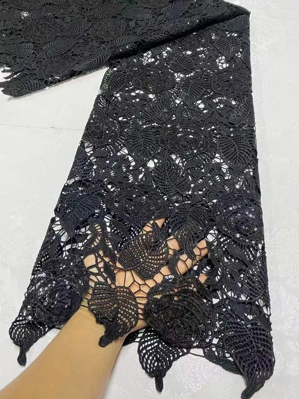 

2024 Black High Quality African Guipure Cord Lace Fabric Nigerian Stones Water Soluble Lace Fabric For Sewing Women Dresses