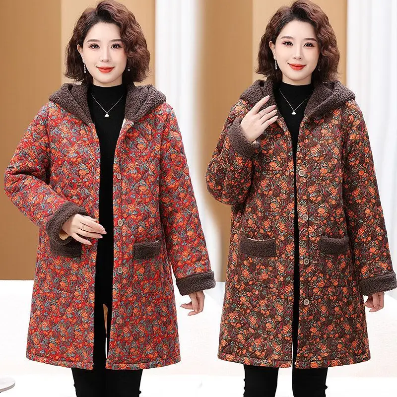 Mamma di mezza età e anziani Stampa floreale Giacca lunga in cotone foderata in pile Cappotto invernale caldo con cappuccio per cappotti addensati alla moda TS472