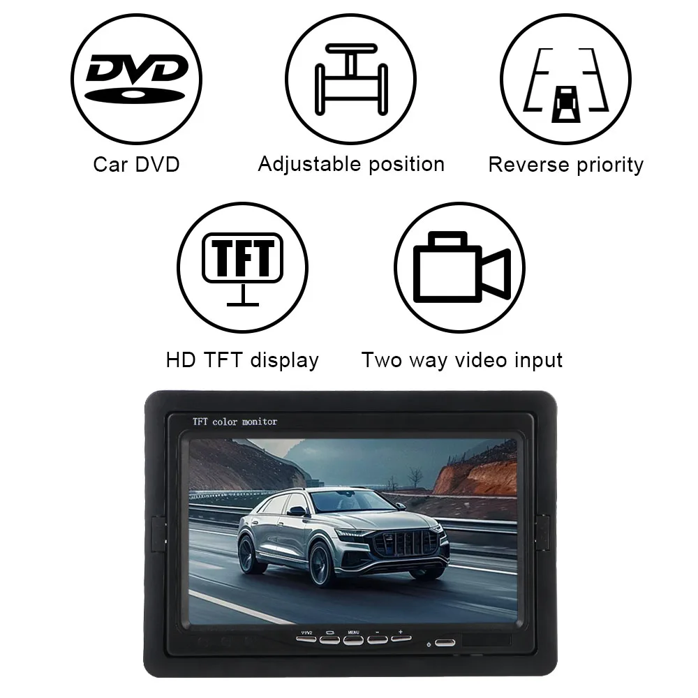 Universal HD Video Support 7 Inch TFT Screen Full Color Display Reverse Priority Car Rearview Monitor Auto Parking Assist 9V-35V