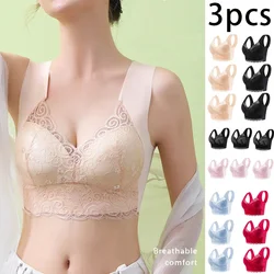 3pcs Ice Silk Seamless Lace Bra Top Support Underwear No Steel Ring Comfortable Large Size Bra Vest Bralette