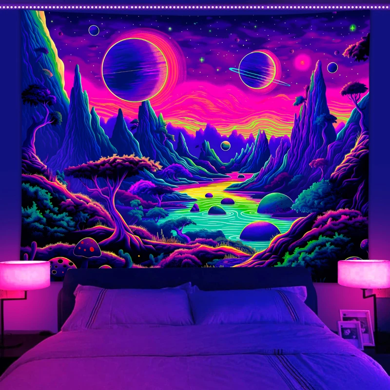 1pc UV reaktiven Wandteppich, Weltraum planet Science Fiction Bergkette, Sternen himmel natürliche Landschaft Raum dekoration Wandteppich