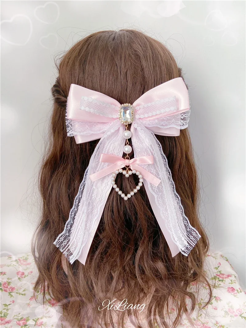 

Handmade Japanese Sweet Pink Kawaii Cute Lace Love Big Butterfly Hair Clip Lolita Mine Hairwear Clip Hairpin Bow Tie for Women