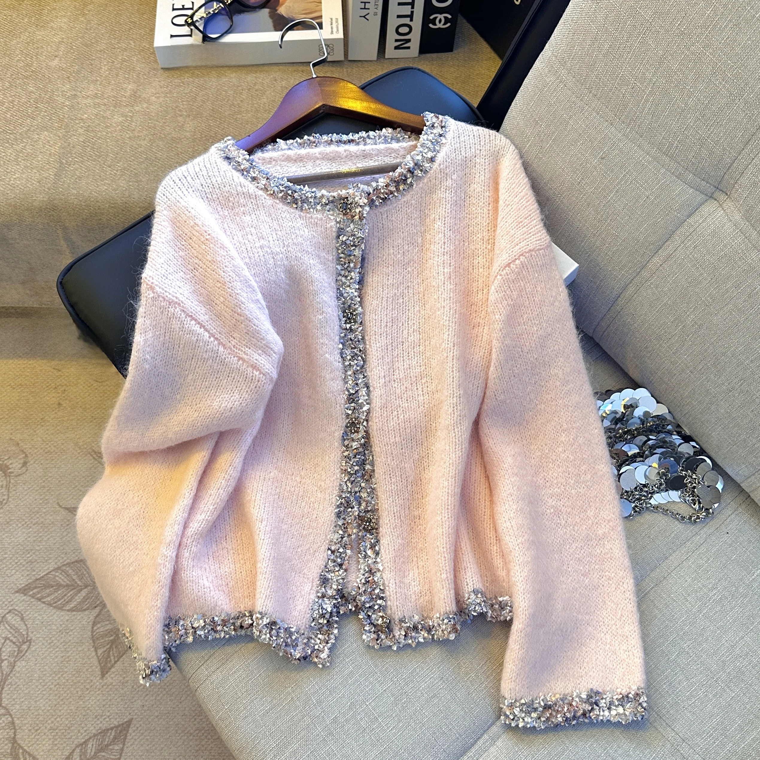 

Мягкий розовый вязаный свитер для женщин с уникальным дизайном в стиле колор-блок, милый кардиган с круглым вырезом, осенняя новинка, повседневный, с длинными рукавами