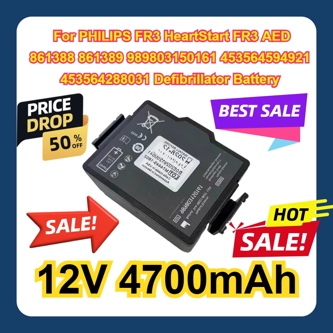 

12V 4700mAh For PHILIPS FR3 HeartStart FR3 AED 861388 861389 989803150161 453564594921 453564288031 Defibrillator Battery