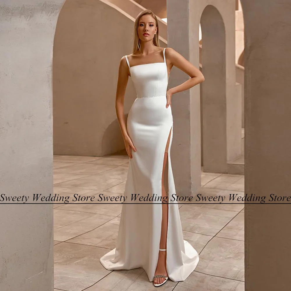 

Sexy Square Neck Mermaid Wedding Dress Sleeveless Beading Belt Sweep Train High Split Vestido Novia Backless Satin Bridal Gown