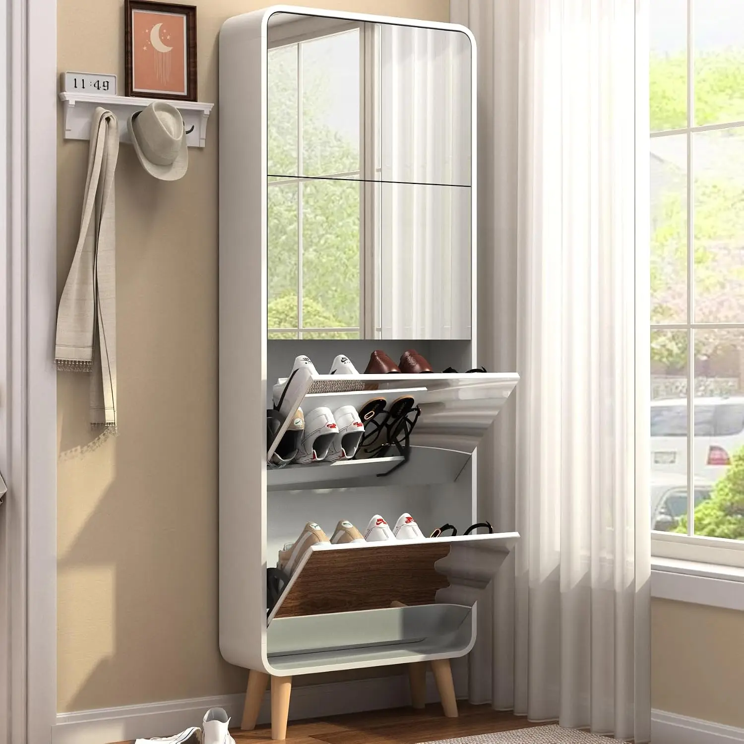 Mirror Shoe Cabinet with 4 Flip Doors, White Narrow Shoe Storage (White, 4), Customized