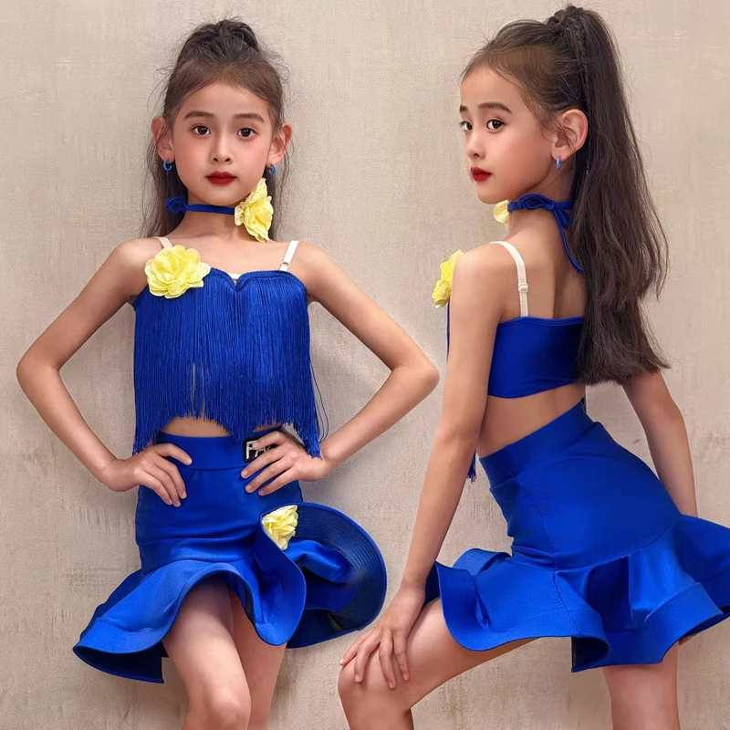 

Girls' cha-cha rumba performance costume, children's sapphire blue tassel flower set, two-piece Latin dance set, practice dress