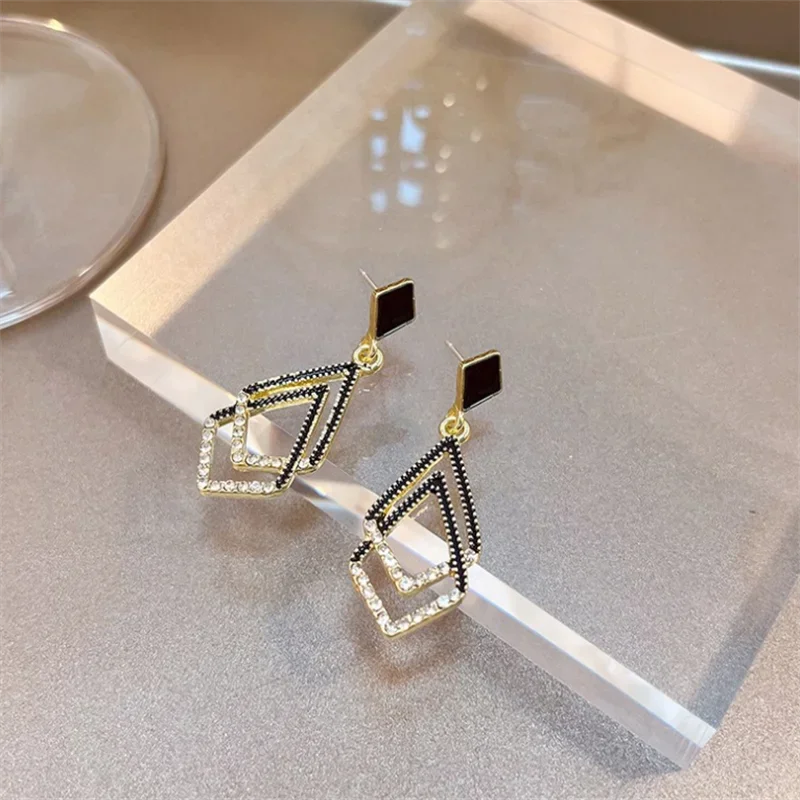 Fashion Black geometric diamond shape Dangle   Earrings  for Women Girl Gift Jewelry Wholesale image 2