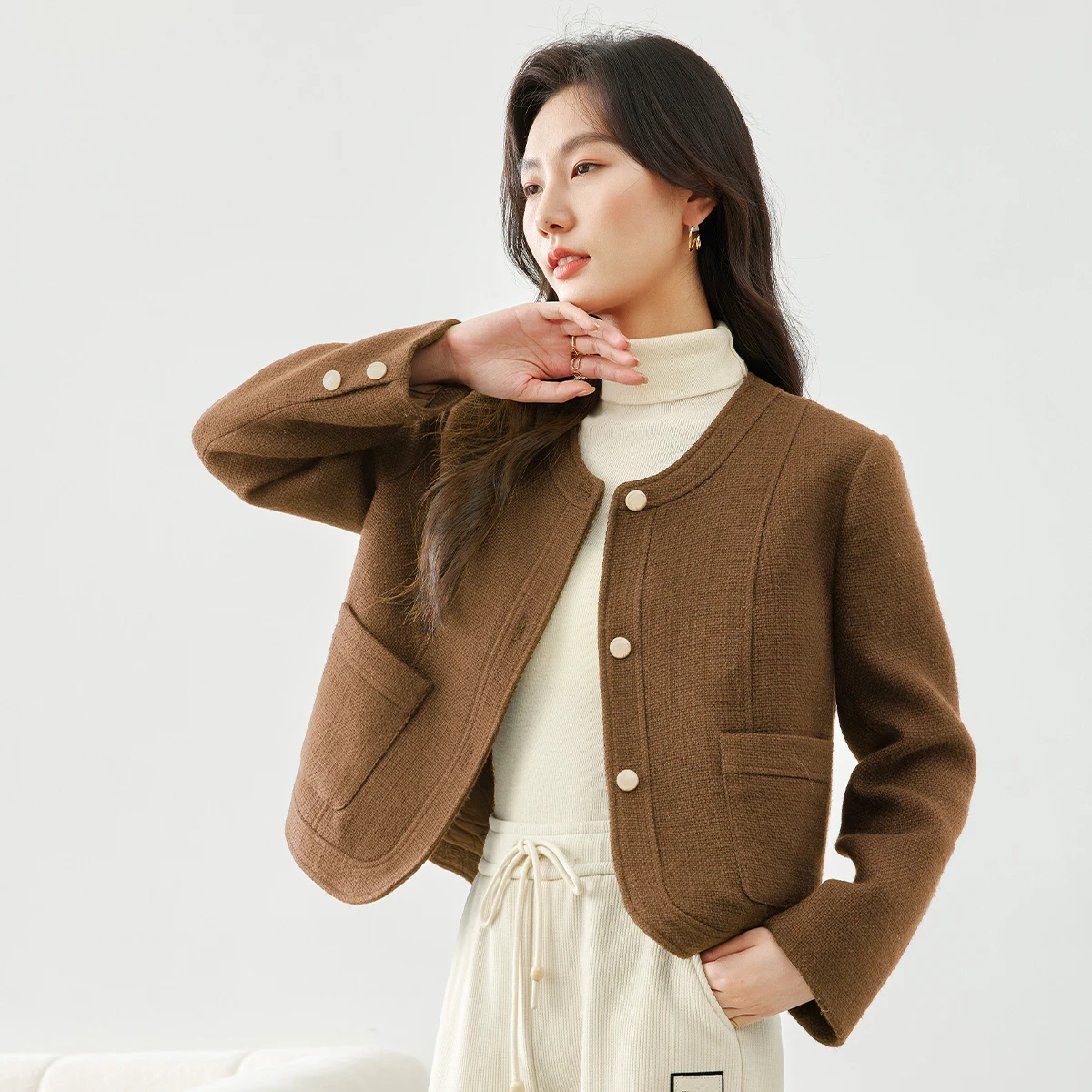 Vimly Women's Tweed Jacket 2025 Autumn Round Neck Single-Breasted H-Line Long Sleeves Coat Elegant-style Warmth Overcoat A0057