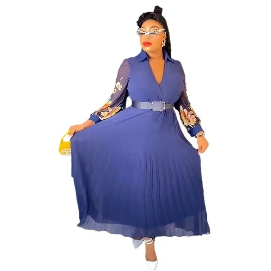 Elegante Afrikaanse Jurken Voor Vrouwen Zomer Afrika Lange Mouw V-Hals Polyester Print Lange Maxi Jurk Dashiki Afrikaanse Kleding Vrouwen