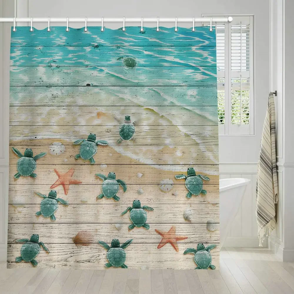 Sea Turtle Shower Curtain Starfish Ocean Sandy Beach Rustic Vintage Wood Panels Marine Animal Bathroom Decor Polyester Curtains