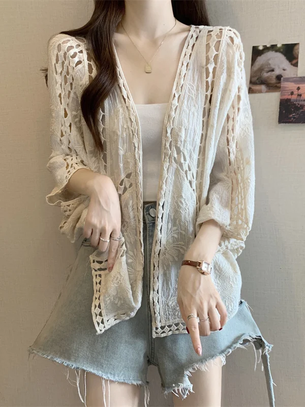 

Женский летний кардиган n Vaion Sle с кружевными вставками, рукавами «летучая мышь», защитой от солнца, больших размеров, верхняя одежда, топ