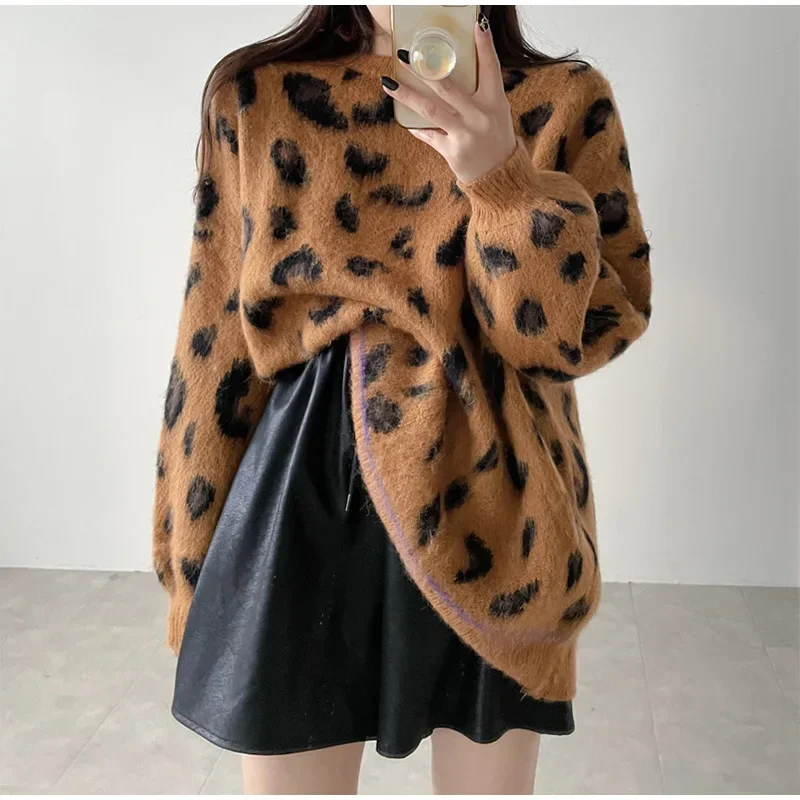 Fashion Warm Leopard Print Pullover For Women Loose Casual Round Neck Long Sleeve Sweater 2024 Autumn Lady Commuting Streetwear