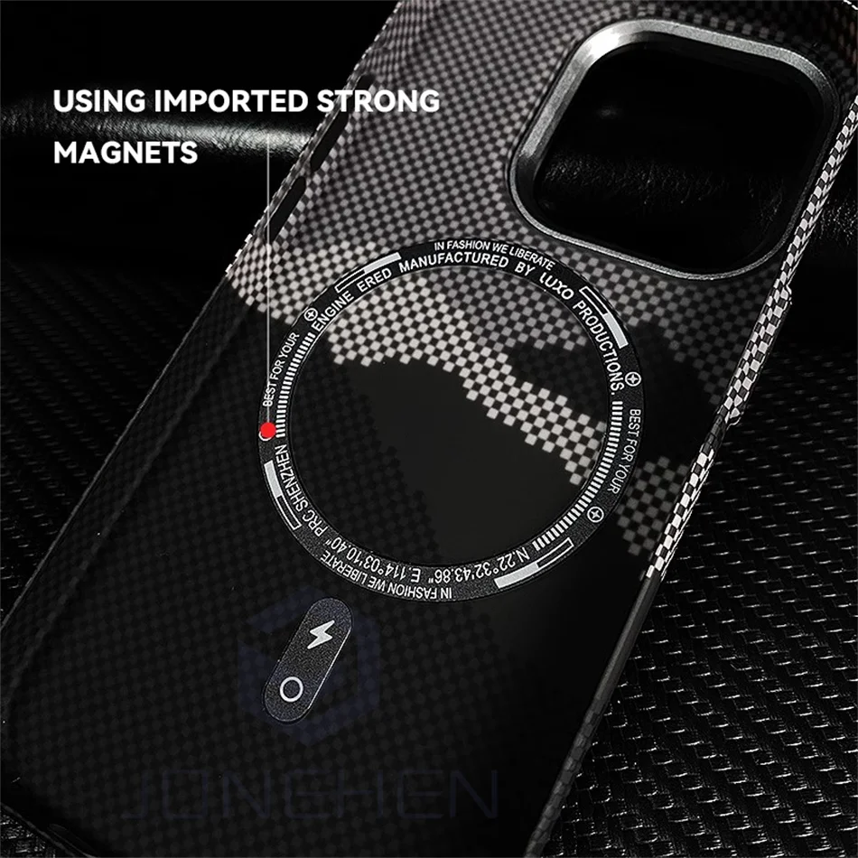 Luxury Alloy Lens 3D Relief Peak Carbon Fibre Pattern Case For iPhone 13 14 15 16 Pro Max Slim Shockproof PC Cover For Magsafe