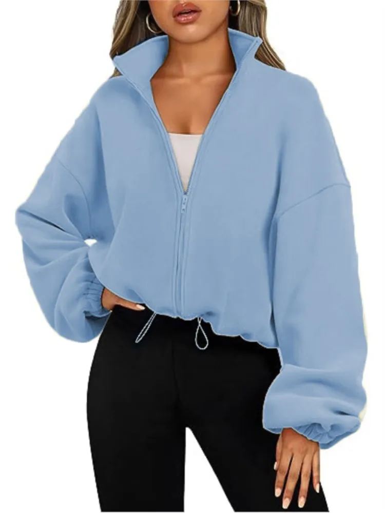 Women's Sporty Coat Fleece-lined Casual Loose Running Crop Tops Zipper Long Sleeve Fitness Sweatshirts Warm Coat Yoga Sweatshirt