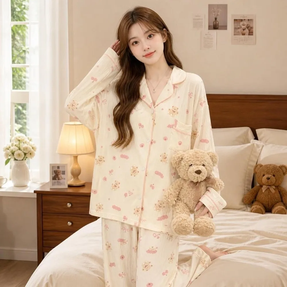 Comfortable Leopard Long Pajama Set Bear Floral Women's Loungewear Bow Homewear Lady Nightwear Suit Girl