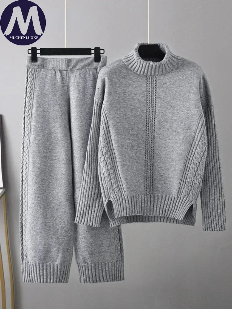 Women's Turtleneck Knit Sweater And Coat Set Casual Loose Elastic Waist Wide-leg Pants 2-Piece Autumn Winter Outfit
