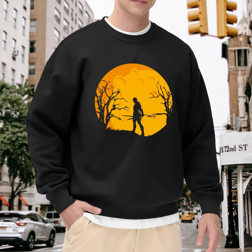 

Men's Black Crew Neck Pullover Sweatshirt with Unique Silhouette Print Design, Loose Fit Casual Top, Versatile for Everyday Street Fashion, Comfortable and Breathable