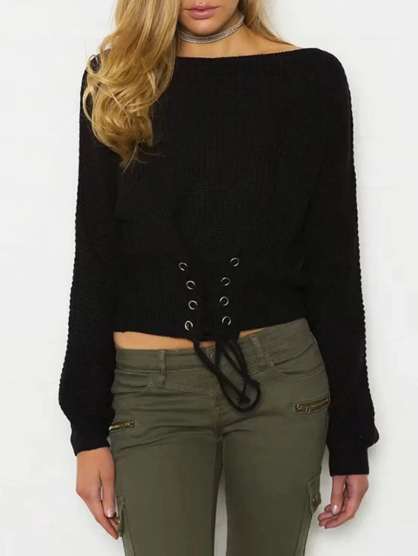 

Women's Autumn Winter Sweater K-Fashion Chic Solid Color Long Sleeve Round-Neck Lace-Up Loose Fit Knitwear for Ladies