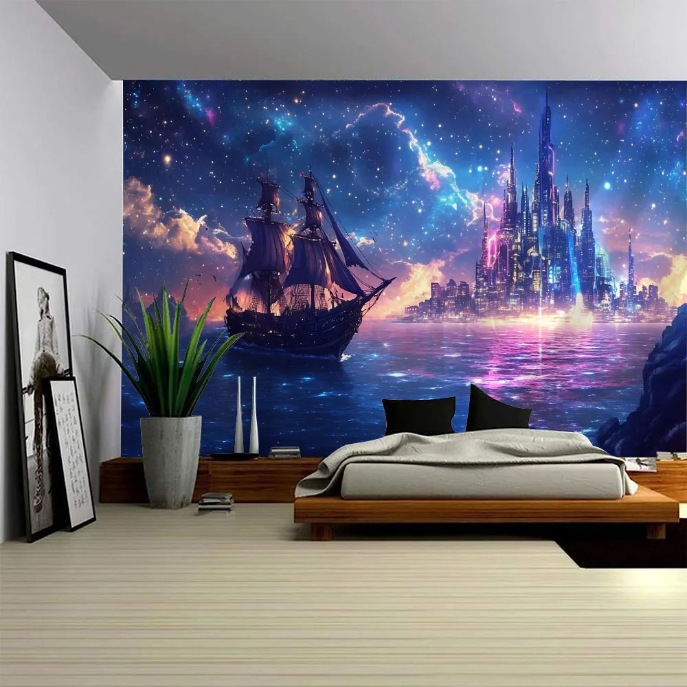 Psychedelic Starry Pirate Ship Tapestry Night Sky Sea Fabric Wall Hanging for Bedroom Living Room Thin Blanket Wall Decoration