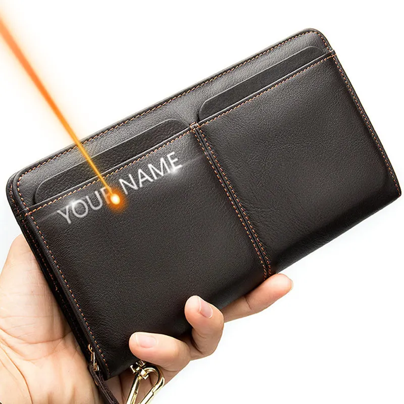 100% prawdziwej skóry nowy długi portfel męski s Zipper portfel etui na karty wielofunkcyjne męskie torebki Vintage portfel męski sprzęgło