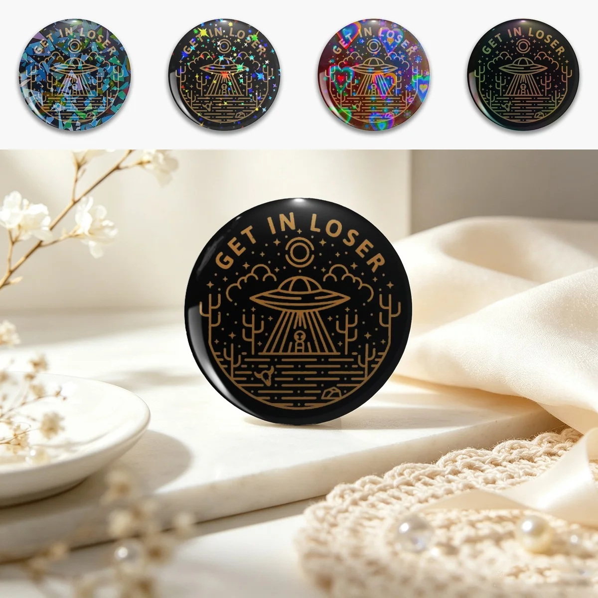 Get In Loser Pin Holographic Star Heart Pin Brooches Laminated Button Fashion Accessory