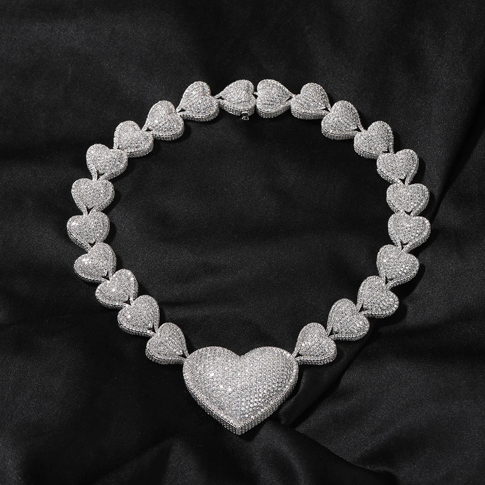 THE BLING KING Iced Out Big Heart Chain Collar Y2K 17mm Choker For Women Girl Micro Paved 5A Cubic Zircon Lovely Wedding Jewelry