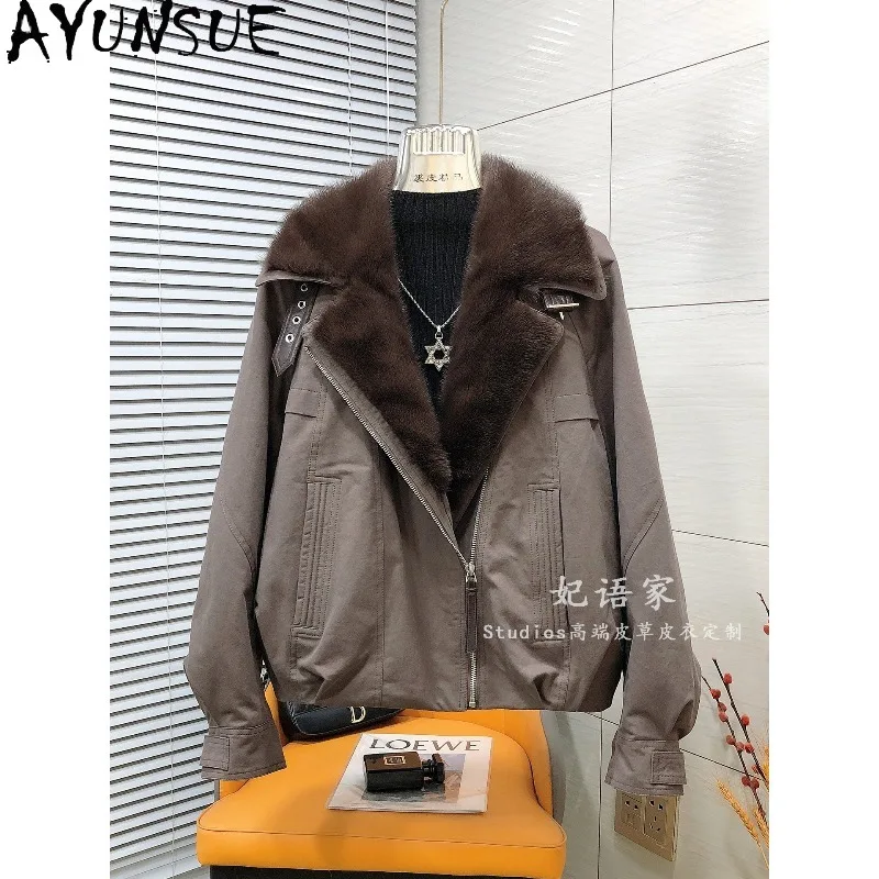 AYUNSUE White Goose Down Jacket Woman Mink Fur Suit Collar Motorcycle Outerwears Casual Warm Women Winter Coats Woman Clothing