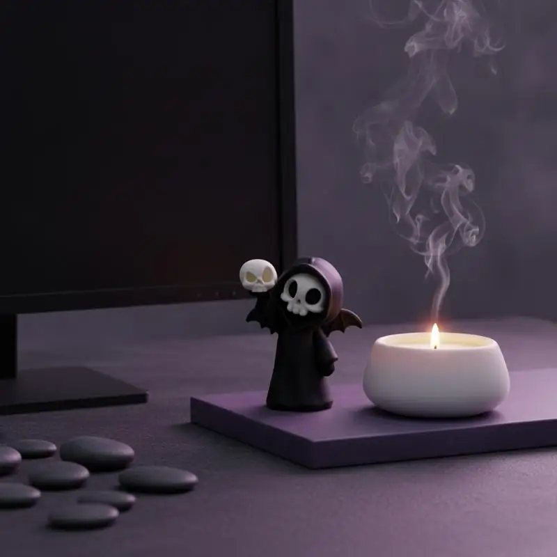 Mini Grim Reaper Resin Figure With Wings, Kawaii Skeleton Statue Holding Skull, Gothic Desktop Ornament For Halloween Party