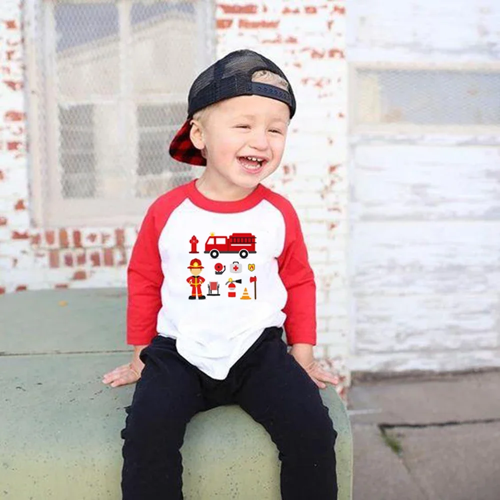 

New Autumn Baby Boys Girls Fireman Clothes Long Sleeve Ralgan T Shirt Pure Casual Fire Truck T-shirt Brand Tee Tops Unisex