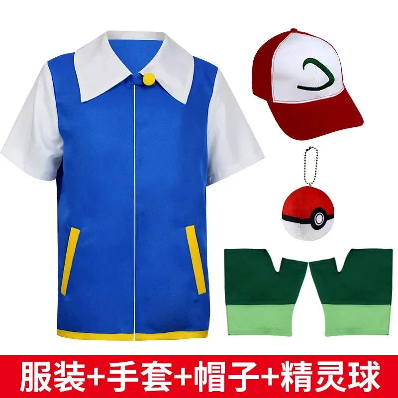 Halloween Cosplay Anime Ash Ketchum Clothes Men Blue Jacket Costume Boys Girls Cosplay for Party Trainer Cap Gloves Set