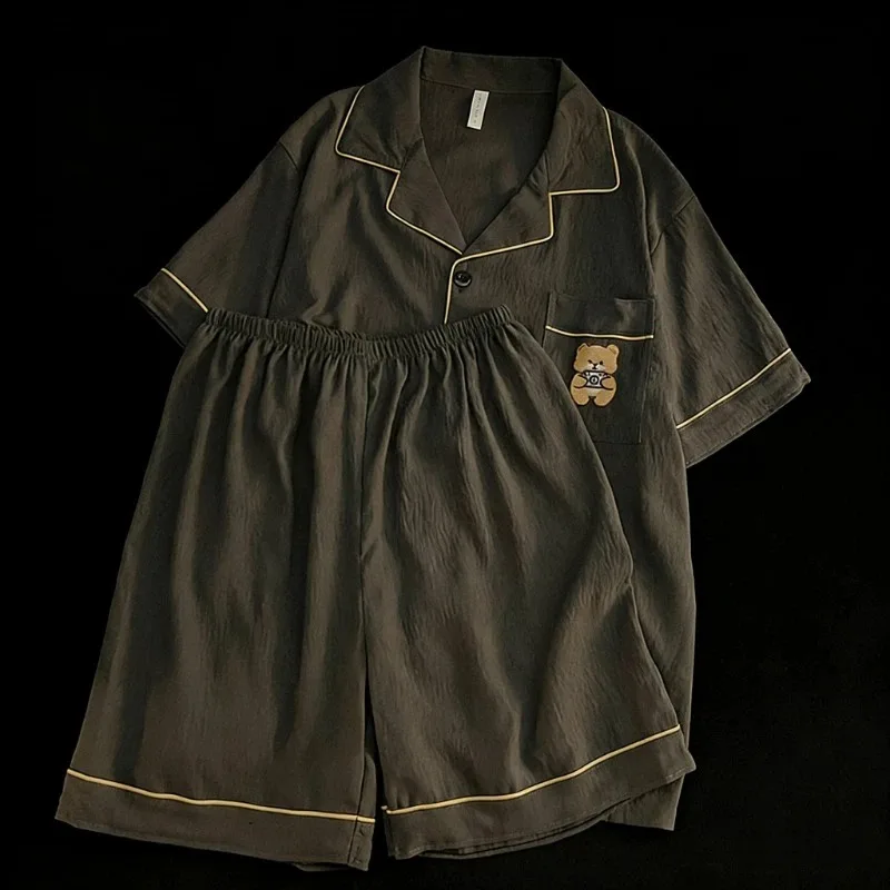 

Новый летний комплект мужской пижамы с вышивкой в виде мультяшного медведя, милый, в корейском стиле, больших размеров, из двух предметов, для сна и отдыха