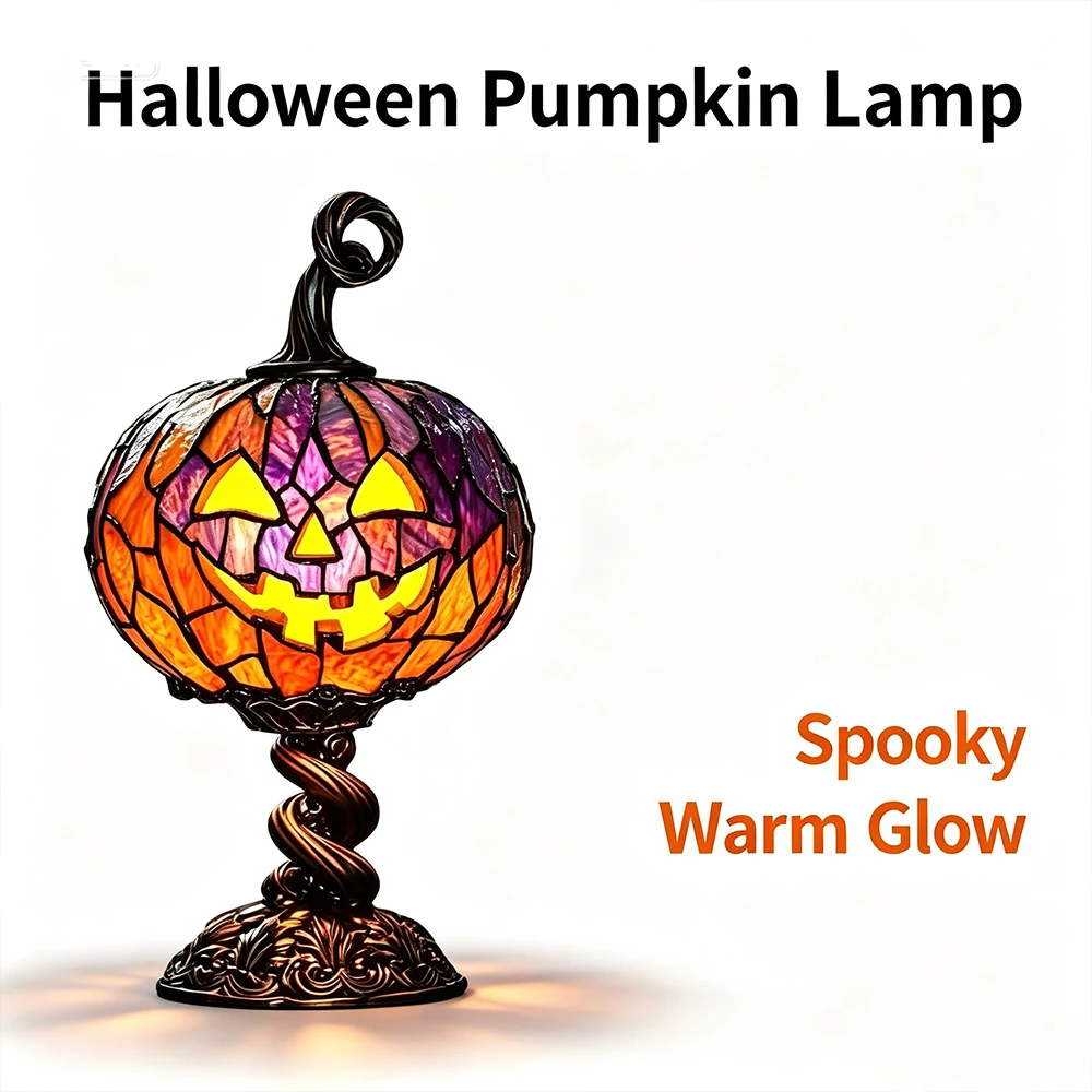 Halloween Resin Jack‑o‑Lantern Table Lamp USB Charging Pumpkin Night Light Warm Glow Indoor Desktop Holiday Party Decoration